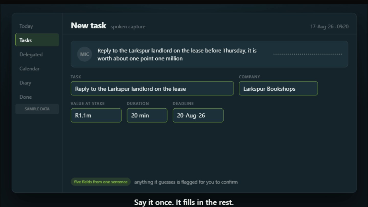 One spoken sentence filling the task, company, value, duration and deadline fields